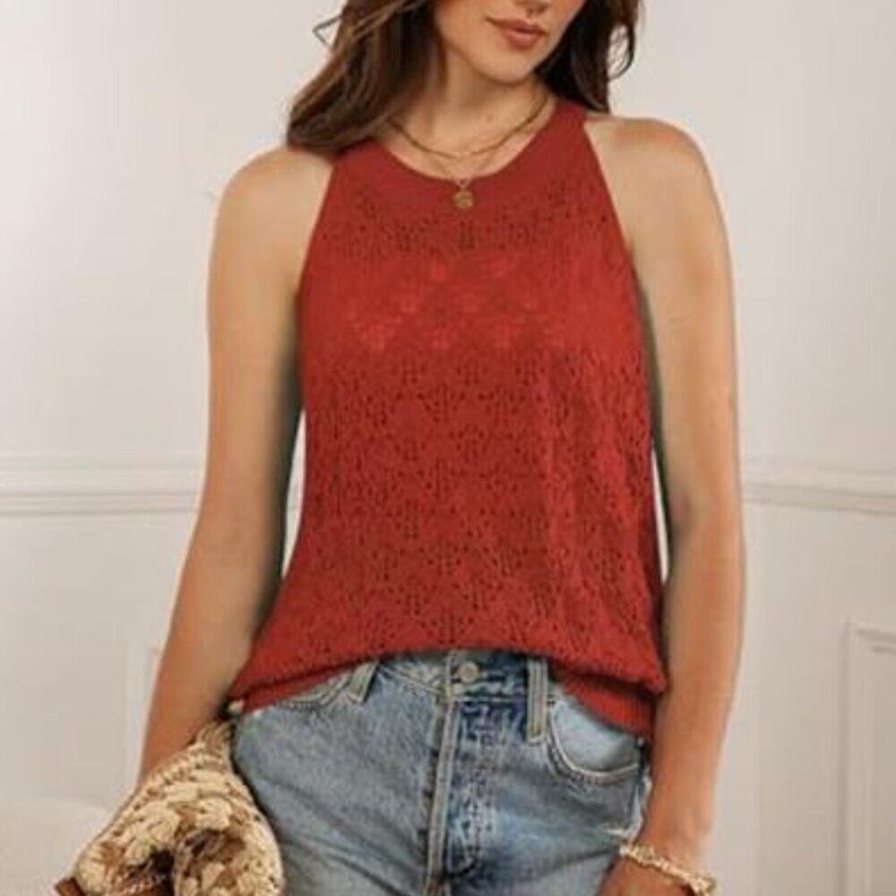 Rust Red Tank Tops Crochet Sleeveless Sweater Vest Boho Shirt Hollow Knit
